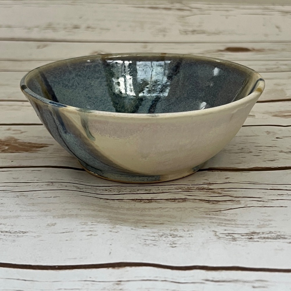 Studio Pottery Bowl Blue Cream Reactive Glaze Artisan Ceramic 6.5in